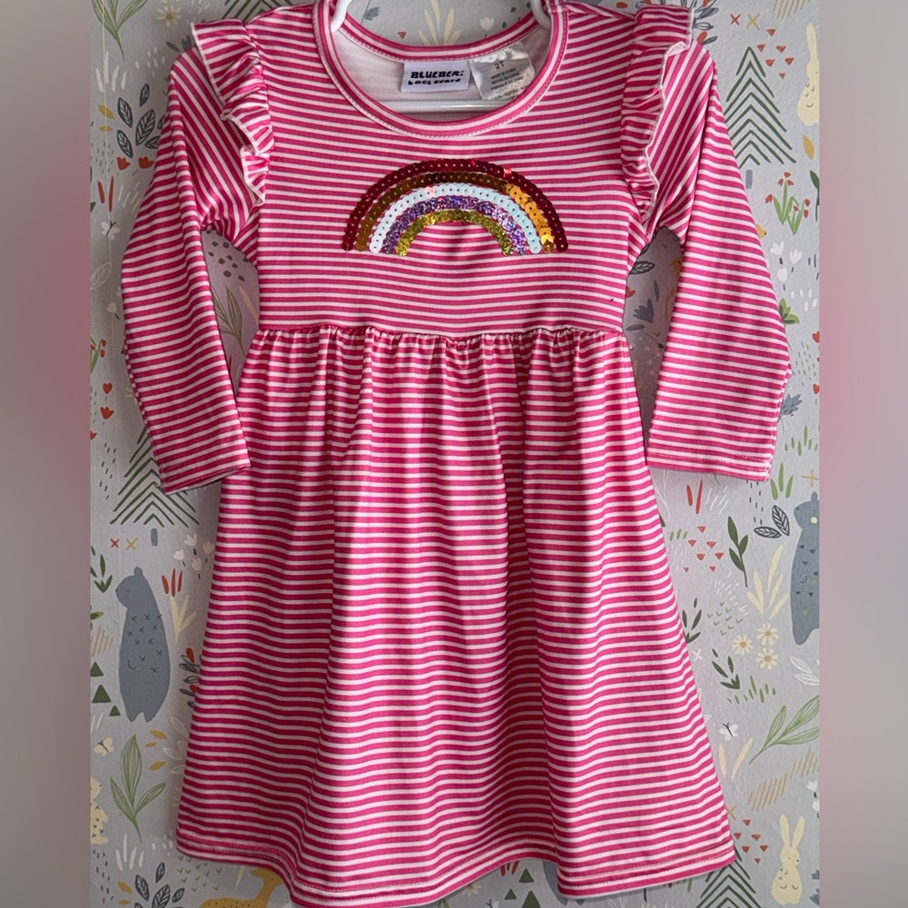 Blueberi Boulevard Pink Striped Sequin Rainbow Ruffle Shoulder Stretchy Dress